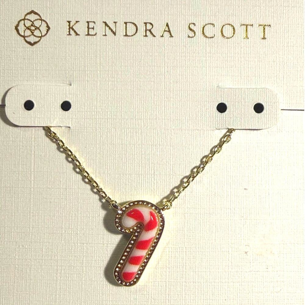 Kendra Scott Candy Cane Pendant Necklace Gold Enamel Holiday 16\" + 2\" NWT